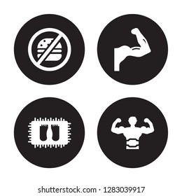 4 vector icon set : No Fast Food, Mat, Muscles, Lumbar belt isolated on black background