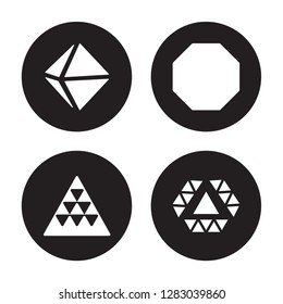 4 vector icon set : Octahedron, Multiple triangles triangle, Octagon, inside hexagon isolated on black background
