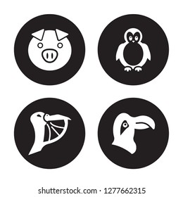 4 vector icon set : Pig, Pelican, Penguin, Parrot isolated on black background