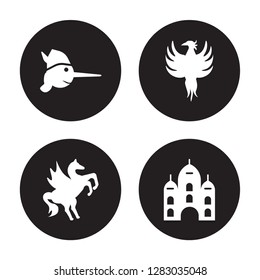 4 vector icon set : Pinocchio, Pegasus, Phoenix, Palace isolated on black background