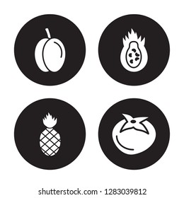4 vector icon set : Plum, Pineapple, Pitaya, Persimmon isolated on black background