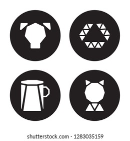 4 vector icon set : Polygonal dog, coffee cup, diamond shape of small triangles, cat isolated on black background