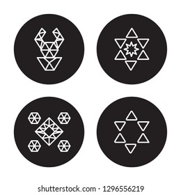4 vector icon set : Polygonal ornamental shape of triangles, Polygonal ornament isolated on black background,  Polygonal ornamental shape of triangles, Polygonal ornament outline icons