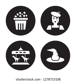 4 vector icon set : Pop corn, Merry go round, Mime, Magic hat isolated on black background