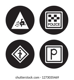 4 vector icon set : Pothole, Pedestrian, Police station, Parking isolated on black background