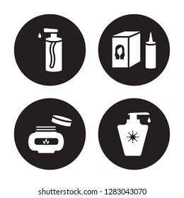 4 vector icon set : pump bottle, face cream, hair tonic, lotion isolated on black background