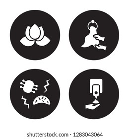 4 vector icon set : purity, microbes, drying hands, soap dispenser isolated on black background