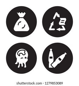 4 vector icon set : Recycle bag, Pollution, Recyclable, Plastic bottle isolated on black background