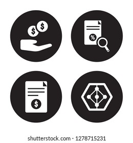 4 vector icon set : Revenue, Report, Research, radar chart isolated on black background