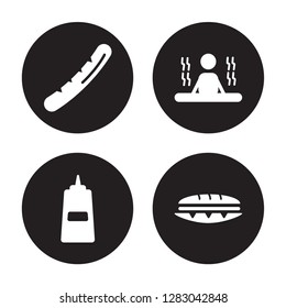 4 vector icon set : Sausage, Sauces, Sauna, Sandwich isolated on black background