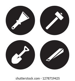 4 vector icon set : Scratcher tool, Spade Sledge hammer, Wedge tool isolated on black background