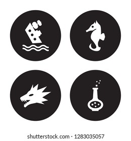 4 vector icon set : Shipwreck, Quetzalcoatl, Seahorses, Potion isolated on black background