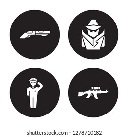 4 vector icon set : Shotgun, Salute, secret agent, Rifle isolated on black background