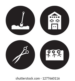 4 vector icon set : Shovel, Shears, Shed, Seed isolated on black background
