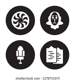 4 vector icon set : Shutter, Seat, Shakespeare, Scenario isolated on black background