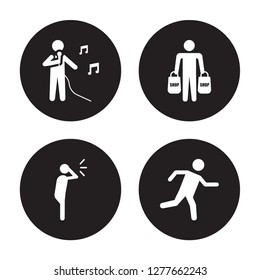4 vector icon set : Singing, Screaming, Shopping, Running isolated on black background