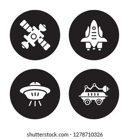 4 vector icon set : Space station, ship, shuttle, robot isolated on black background