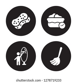 4 vector icon set : Sponges, Glass cleaning, Water soak, Floor mop isolated on black background