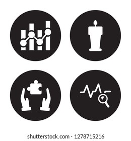 4 vector icon set : Statistics, Solution, Speech, Sine Waves Analysis isolated on black background