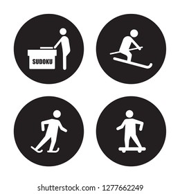 4 vector icon set : Sudoku, Skating, Skiing, Skateboarding isolated on black background