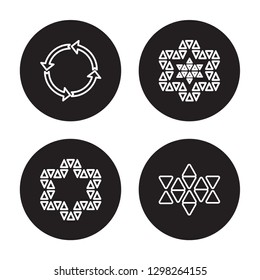 4 vector icon set : Synergy, Star ornament of small triangles isolated on black background,  Synergy, Star ornament of small triangles outline icons