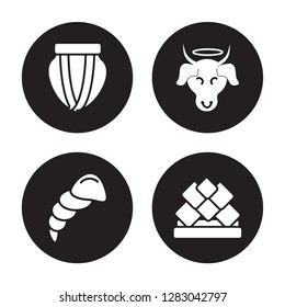 4 vector icon set : Tablas, Conch shell, Sac cow, Lotus temple isolated on black background