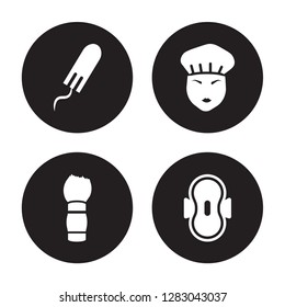 4 vector icon set : Tampon, Shaving brush, Shower cap, Sanitary napkin isolated on black background