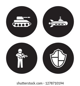 4 vector icon set : Tank, Soldier, Submarine, Shield isolated on black background