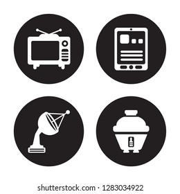 4 vector icon set : Television, Satellite dish, Tablet, Rice cooker isolated on black background