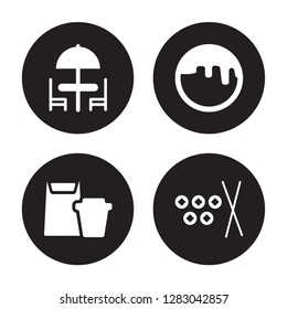 4 vector icon set : Terrace, Take away, Takoyaki, Sushi isolated on black background