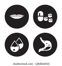 4 vector icon set : Thin lips, Sweat or tear drop, Tablet and capsule medications, Stomach with Liquids isolated on black background