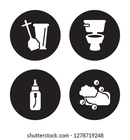 4 vector icon set : Toilet brush, Spray, Toilet, Soap isolated on black background
