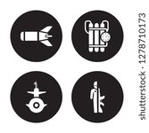 4 vector icon set : Torpedo, Submarine Front View, Time Bomb with Clock, Soldiers and a weapon isolated on black background