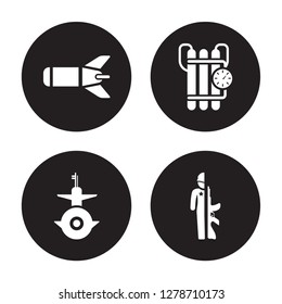 4 vector icon set : Torpedo, Submarine Front View, Time Bomb with Clock, Soldiers and a weapon isolated on black background