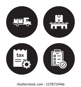 4 vector icon set : Transportation, Tax free, Pallet, Check List isolated on black background