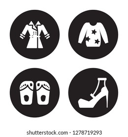 4 vector icon set : Trench Coat, Sandals, Sweatshirt, High heel isolated on black background