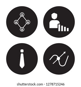 4 vector icon set : Users interconnected, Tie, User Stats, Tangent isolated on black background