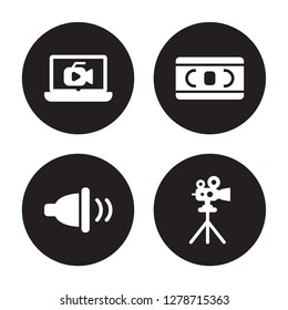 4 vector icon set : Video, Ventriloquist, Vhs, Tripod isolated on black background