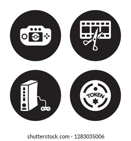 4 vector icon set : Video editing, Token, console, Tic tac toe isolated on black background