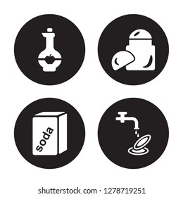 4 vector icon set : vinegar, baking soda, deodorizer, Washing dishes isolated on black background