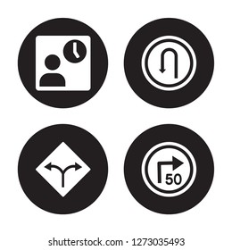 4 vector icon set : Waiting, Two ways, U turn, turn with advisory  speed isolated on black background