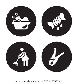 4 vector icon set : Washing clothes, Sweeping, Squeeze, Clothes peg isolated on black background