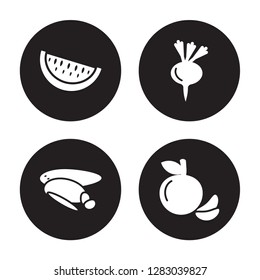 4 vector icon set : Watermelon, Tuber, Turnip, Tangerine isolated on black background