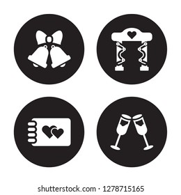 4 vector icon set : Wedding Bells, wedding Album, Altar, Toast isolated on black background