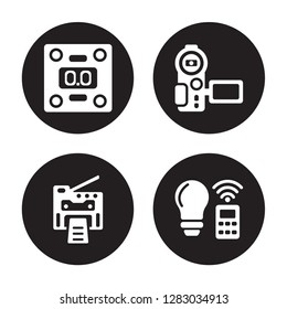 4 vector icon set : Weighing, Copy machine, Video recorder, Smart light isolated on black background
