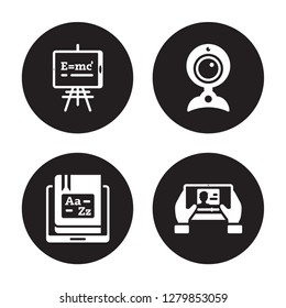 4 vector icon set : Whiteboard, Vocabulary, Web camera, Video player isolated on black background