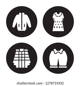 4 vector icon set : windbreaker, Kilt, Kaftan, Knickers isolated on black background