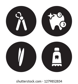 4 vector icon set : Wisdom tooth, Tweezers, White teeth, Toothpaste tube isolated on black background