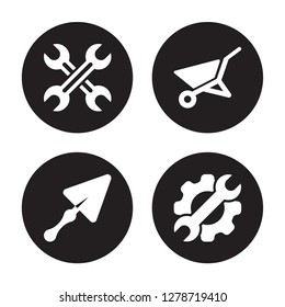 4 vector icon set : Wrench, Trowel, Wheelbarrow, Tools isolated on black background