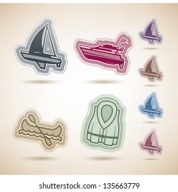 4 vector icons related to ships, pictured here from left to right, top to bottom:  Sailboat (yacht), Motorboat, Canoe, Lifejacket.